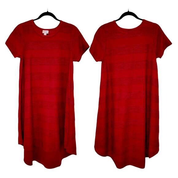 LuLaRoe Carly XS Red Pintuck Stripe Textured High Low A-Line Swing Dress Holiday - Picture 9 of 9